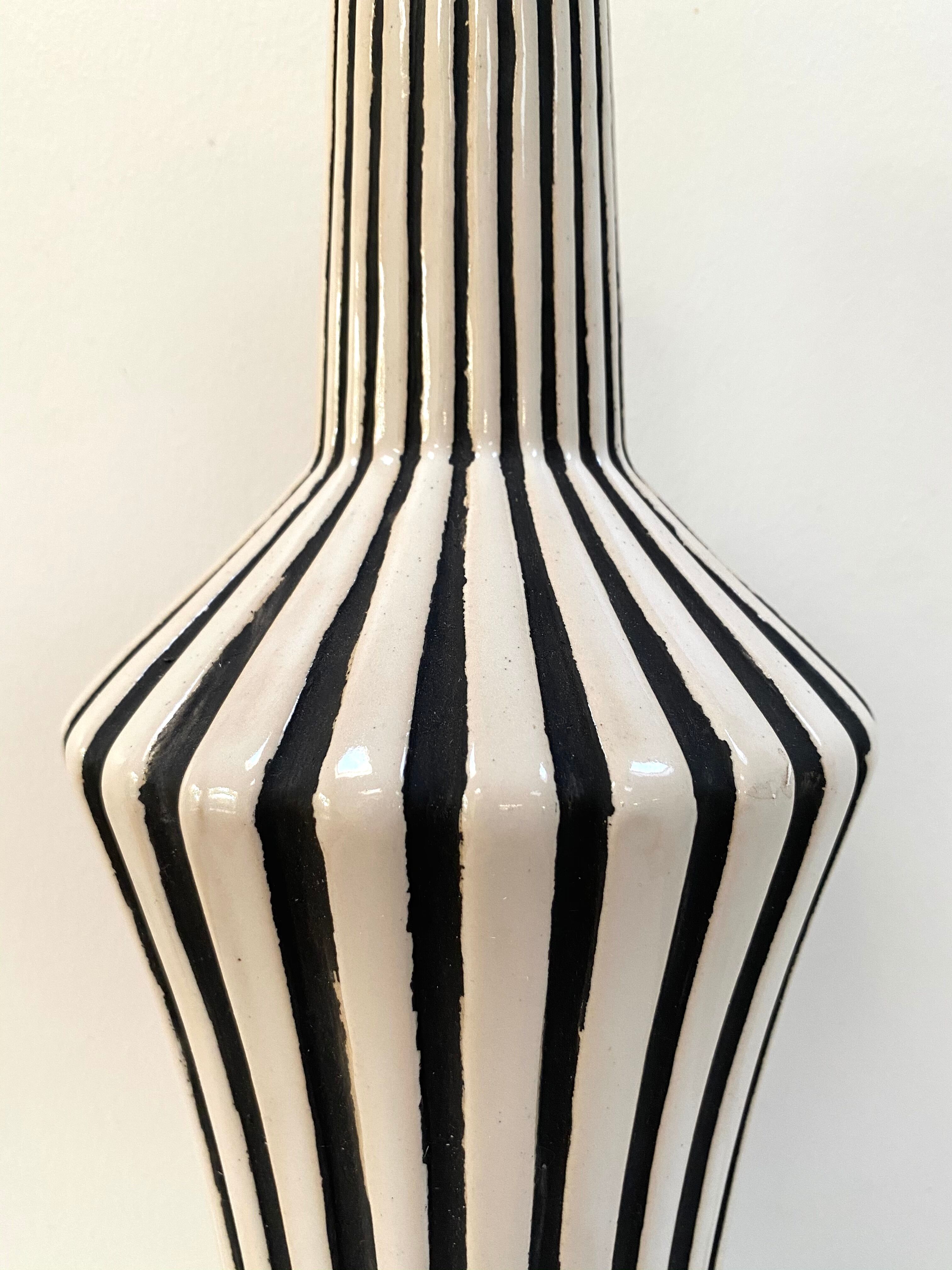 Graphic ceramic vase with black and white stripes