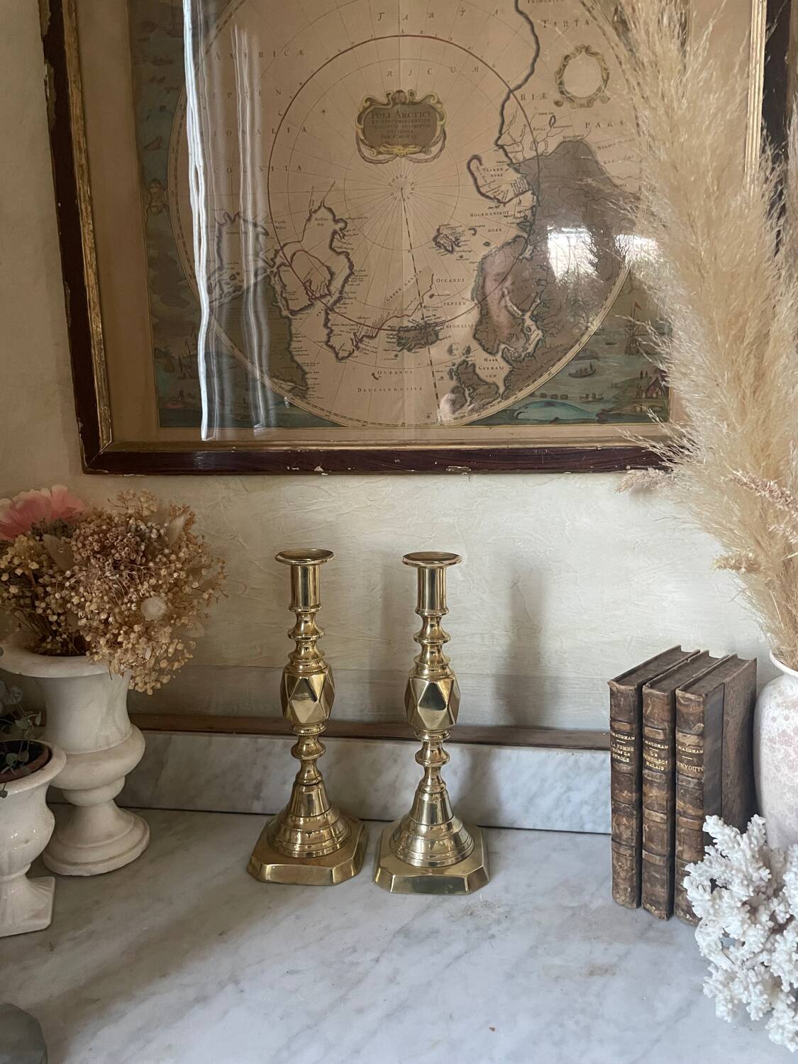 Pair of antique english princess of diamonds brass candlesticks