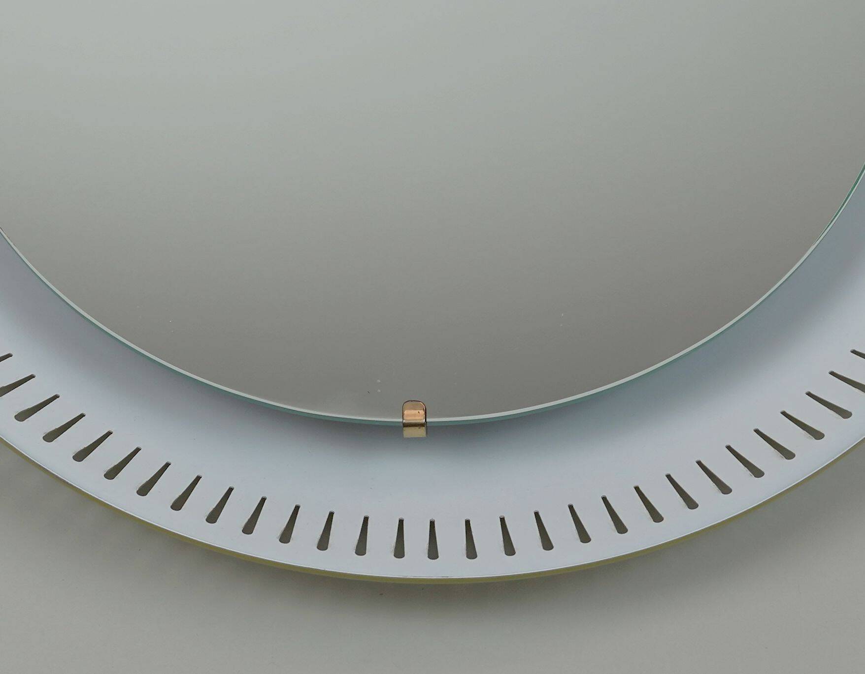 round mid century modern illuminated WALL MIRROR with metal frame 1950s