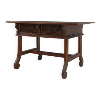 Antique carved Oak Spanish Console Table with Drawers, 18th Century
