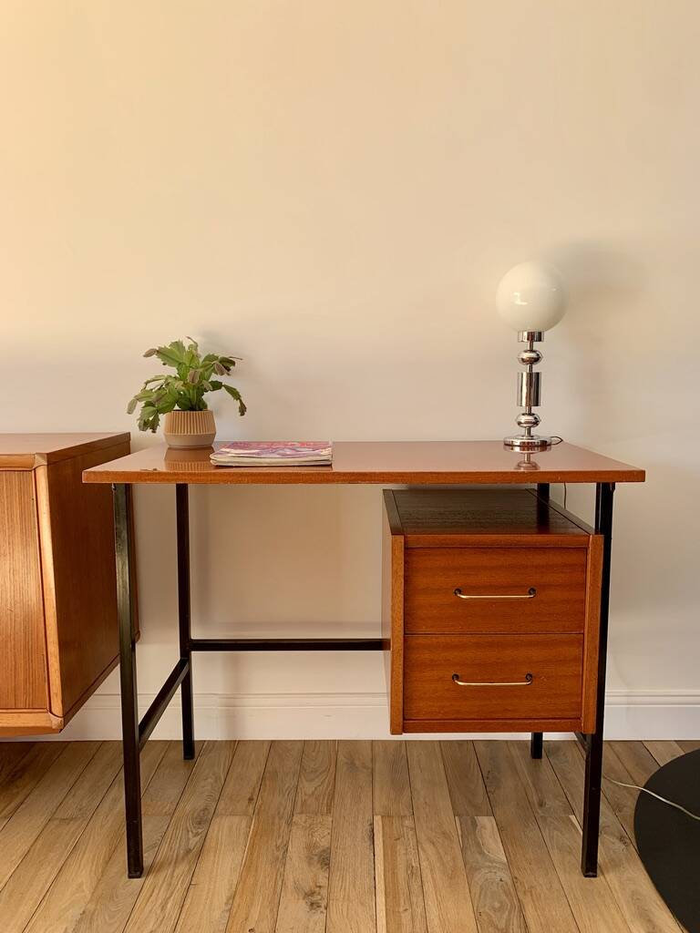 lacquered wood desk and black steel legs design from the 60s and 70s
