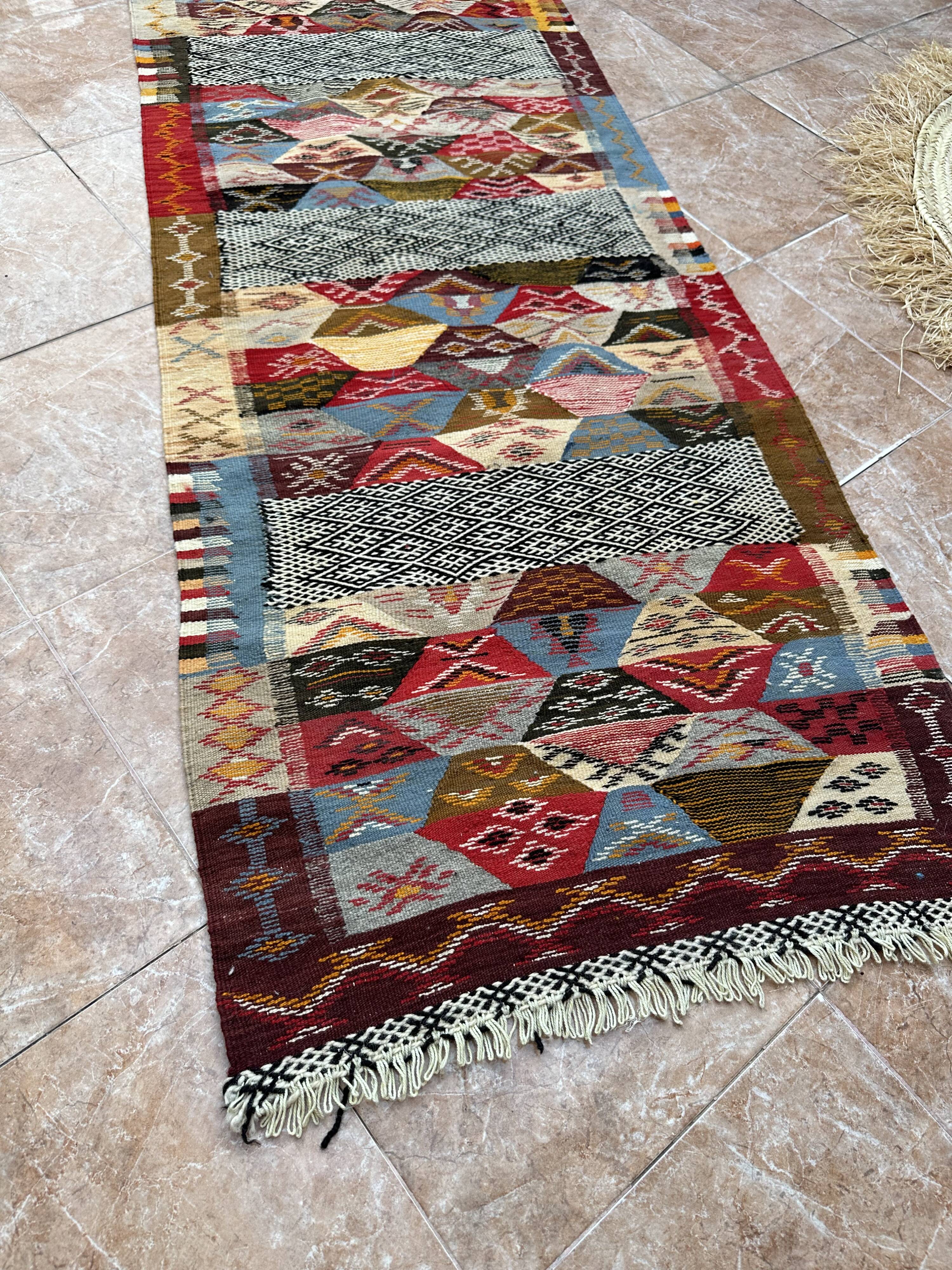 Contemporary Kilim hallway runner: abstract Berber flatweave, wool