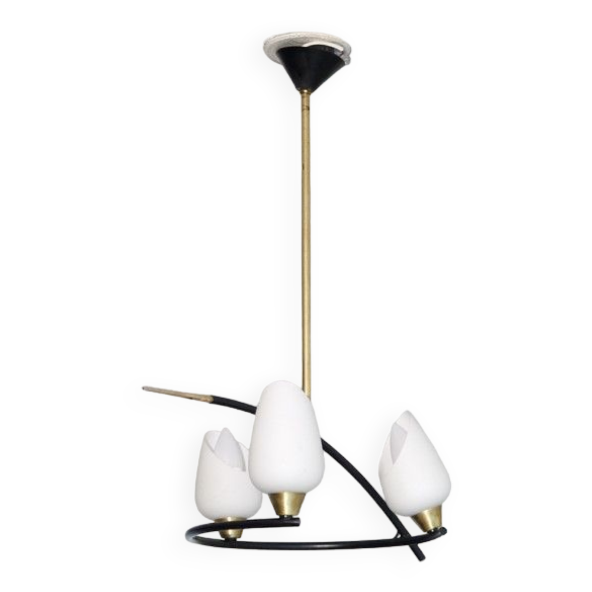Vintage chandelier arlus in metal, opaline and brass 1950
