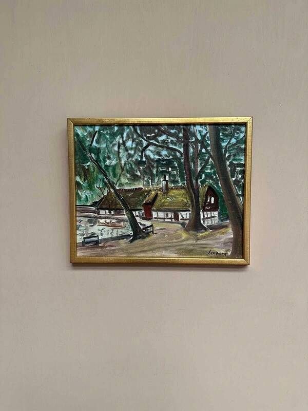 Original Swedish oil on canvas “Secret Huts” by Ake Berg, signed, vintage & framed 41x33cm
