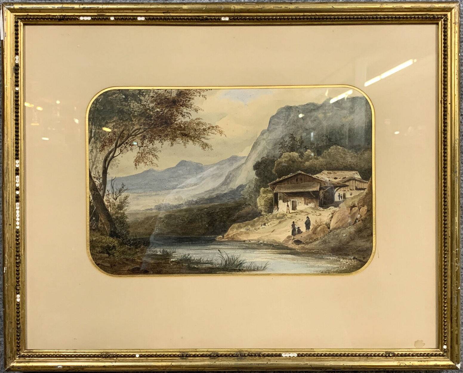 Swiss School from the beginning of the 20th century: watercolor depicting an animated landscape on the banks of a river