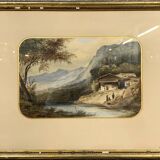 Swiss School from the beginning of the 20th century: watercolor depicting an animated landscape on the banks of a river