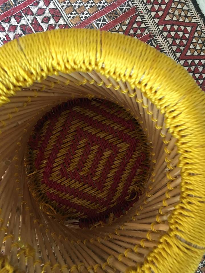 Indian stool style bohemian, bamboo natural and sitting in two-tone cotton