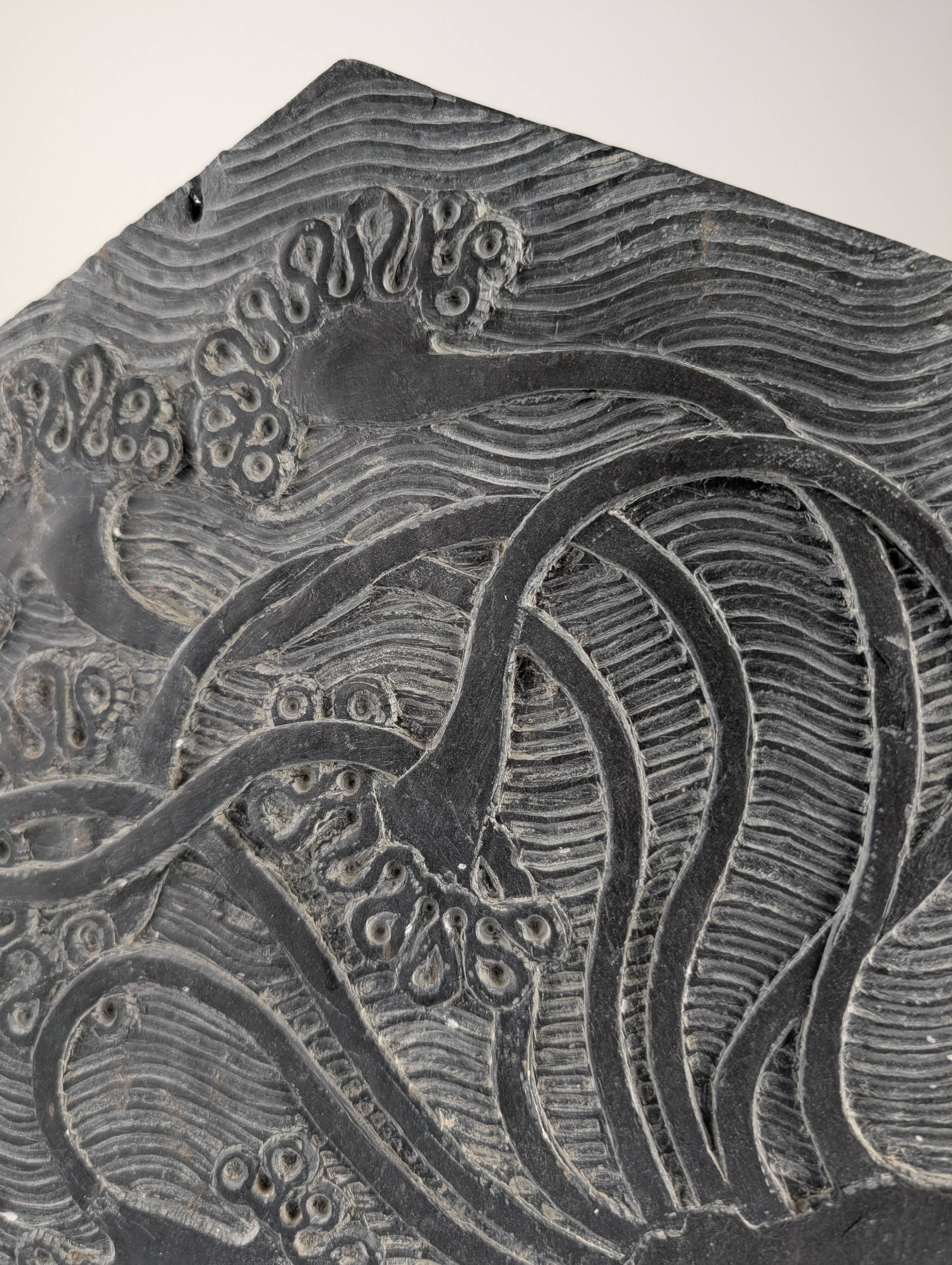 Slate Bas-Relief with Floral Motifs, Signed, 1970s