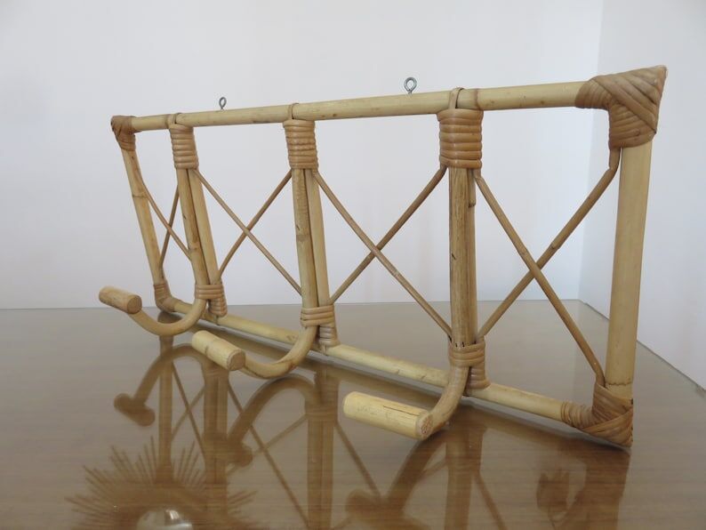 Bamboo rattan coat rack, 3 hooks 70s