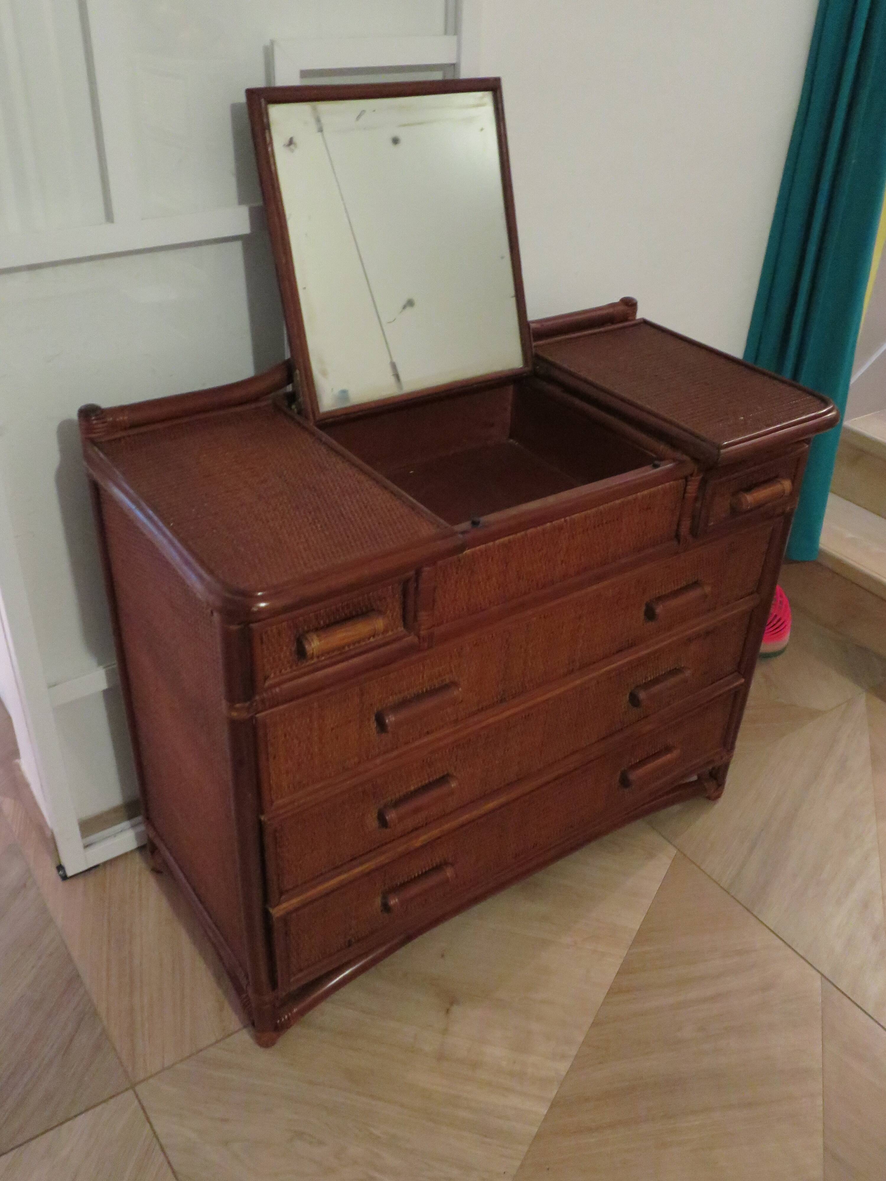 Vintage dressing table/chest - woven rattan - 5 drawers - mirror - 1960s/70s
