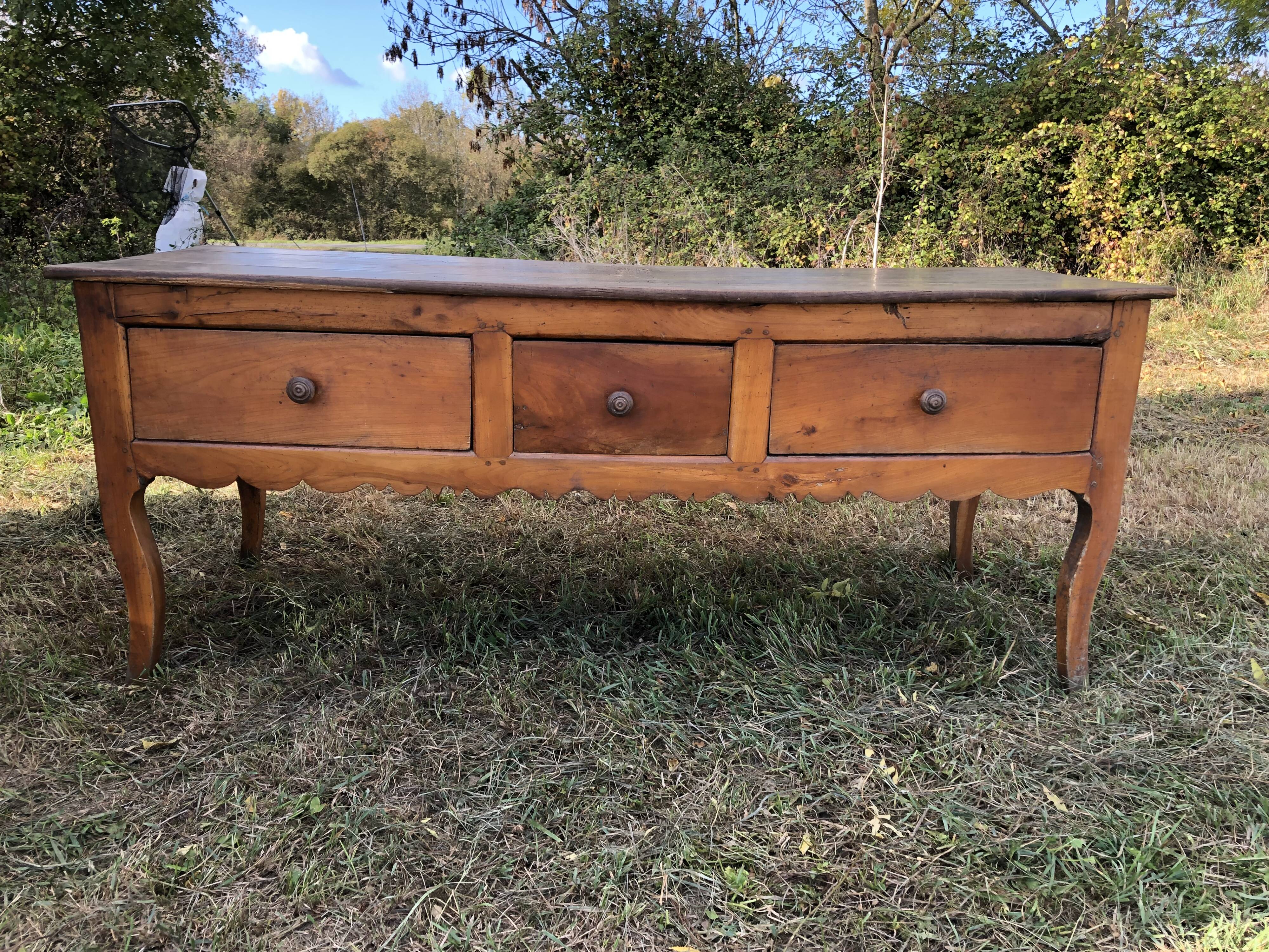 Antique Louis XV paneled table with 3 front drawers in solid cherry wood
