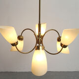 1950s chandelier in brass and glass