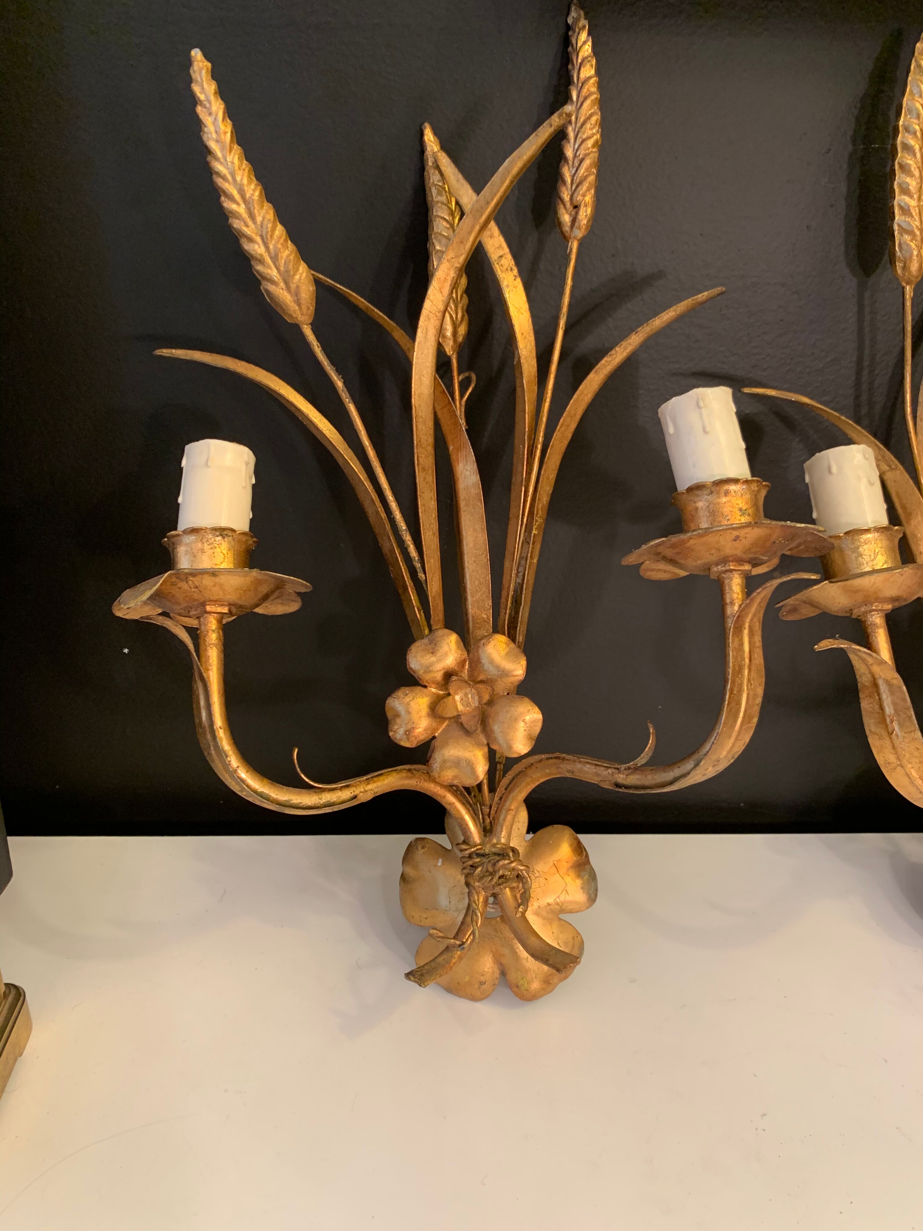 Pair of 1950 design sconces in gold metal sheaf of wheat