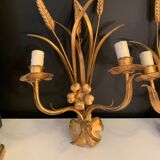 Pair of 1950 design sconces in gold metal sheaf of wheat