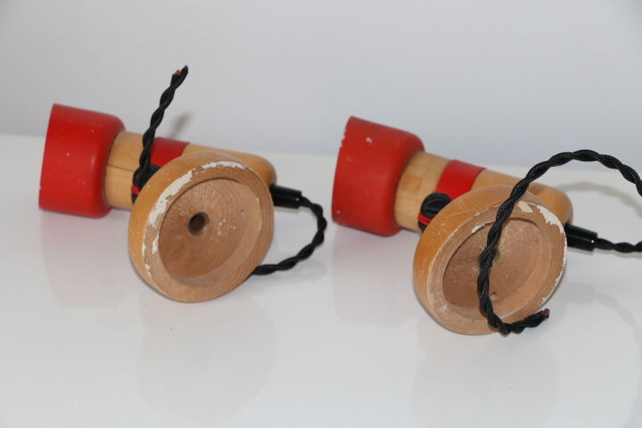 Pair of wall lamps wood and red metal