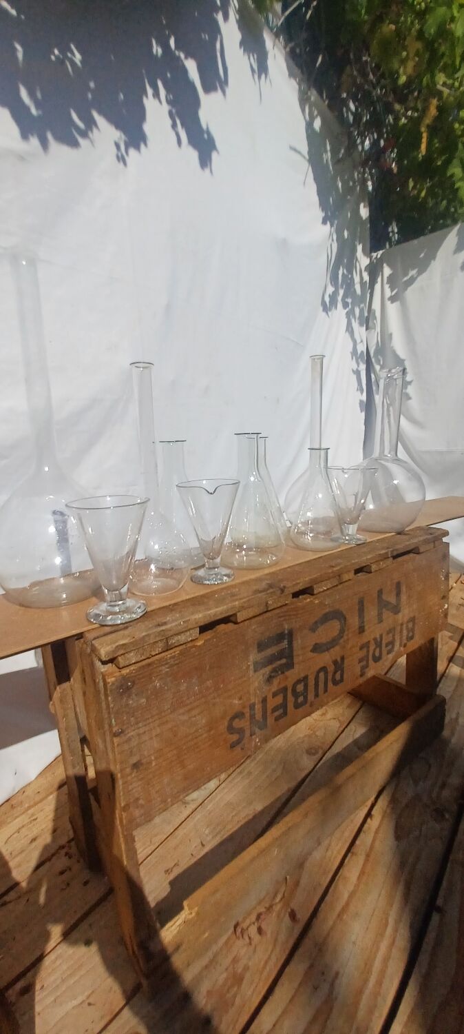 Lot of old soliflore vases chemistry laboratory equipment