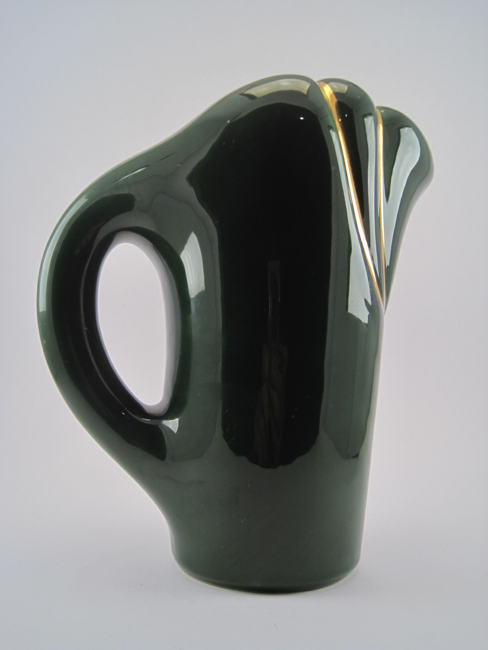 Modernist pitcher in green and gold glazed ceramic, brand MAGDALITHE MADE IN FRANCE around 1950 1