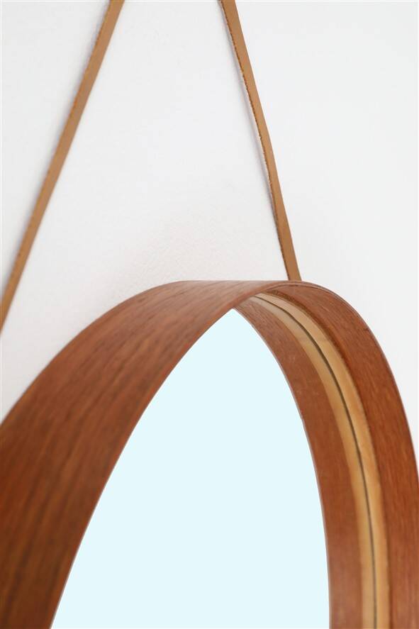 Rare round "#103" wall mirror / teak, leather, brass / by Glas Mäster, Markaryd, Sweden / 1960s / 1970s / Mid-Century Modern Design