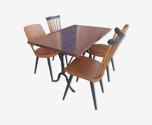 Table et 4 chaises de bistrot Baumann années 1960