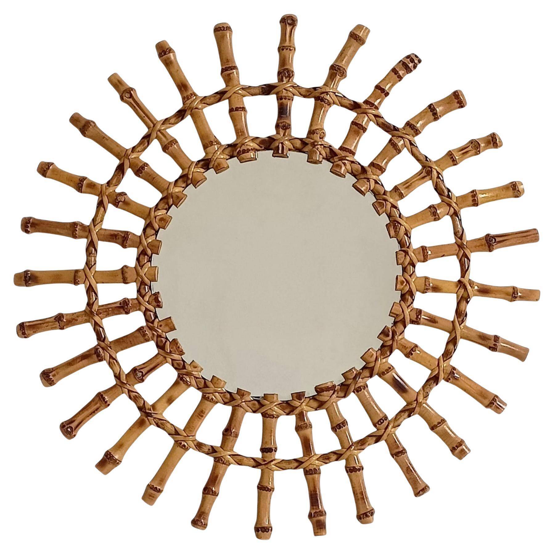 Midcentury Sunburst Mirror, Bamboo & Rattan, Handmade in France, 1950s