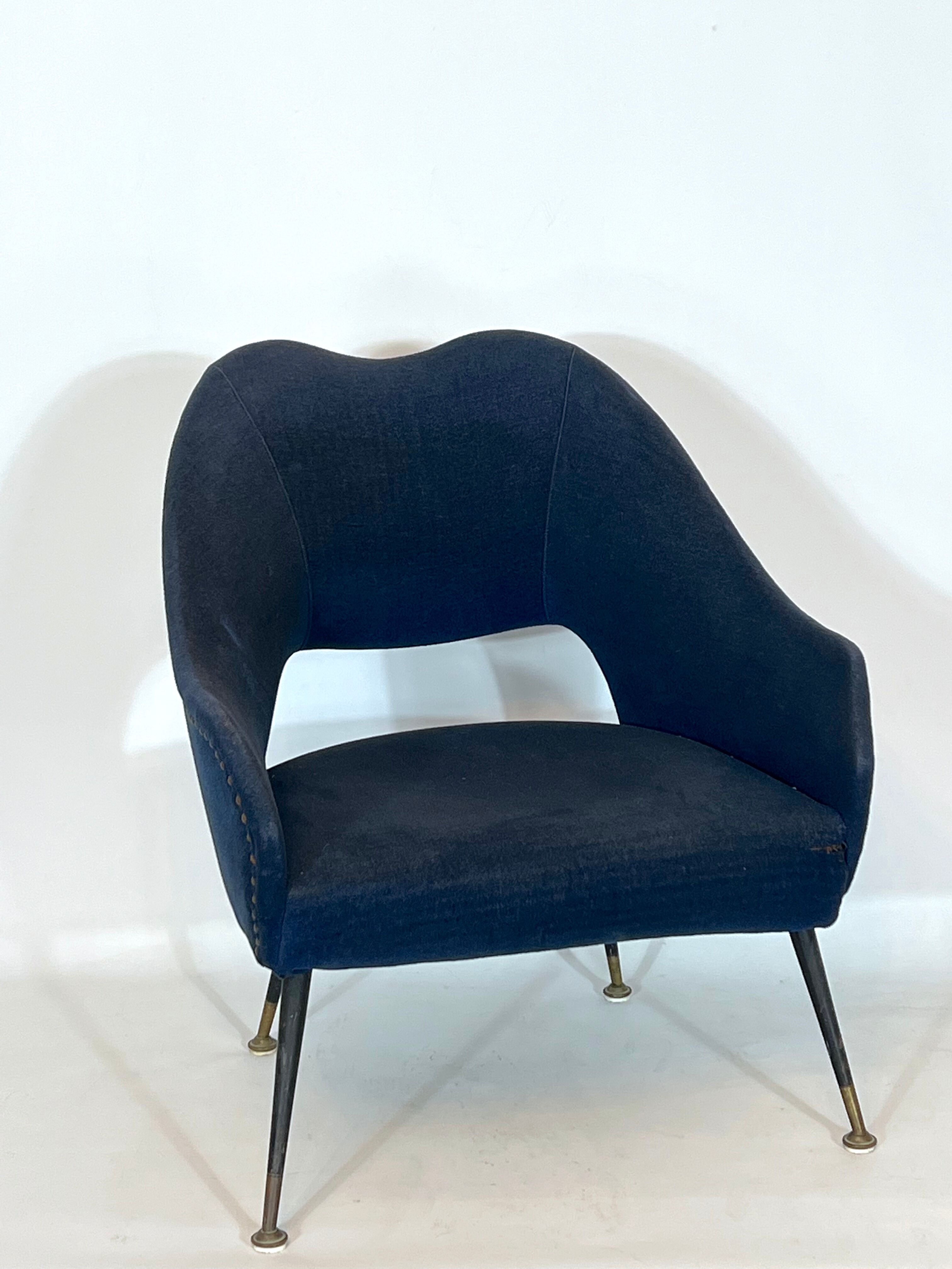 Vintage Italian blue fabric and brass armchair from 50s