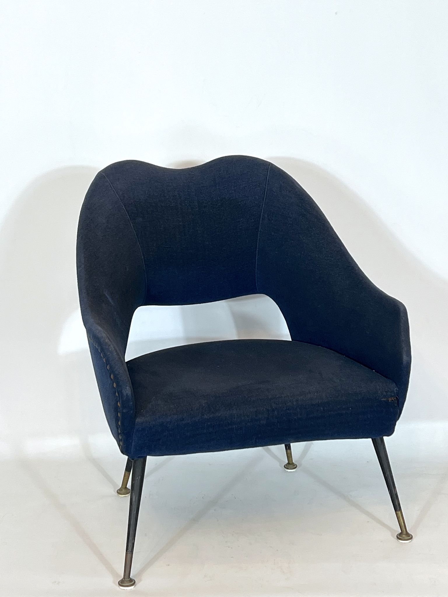 Vintage Italian blue fabric and brass armchair from 50s