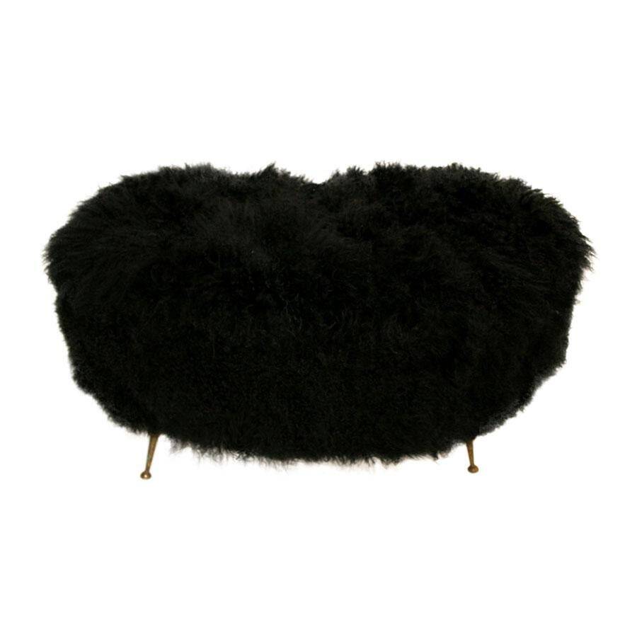 Mid-Century Modern Black Mongolian Goat and Bronze Italian Stool, 1950s
