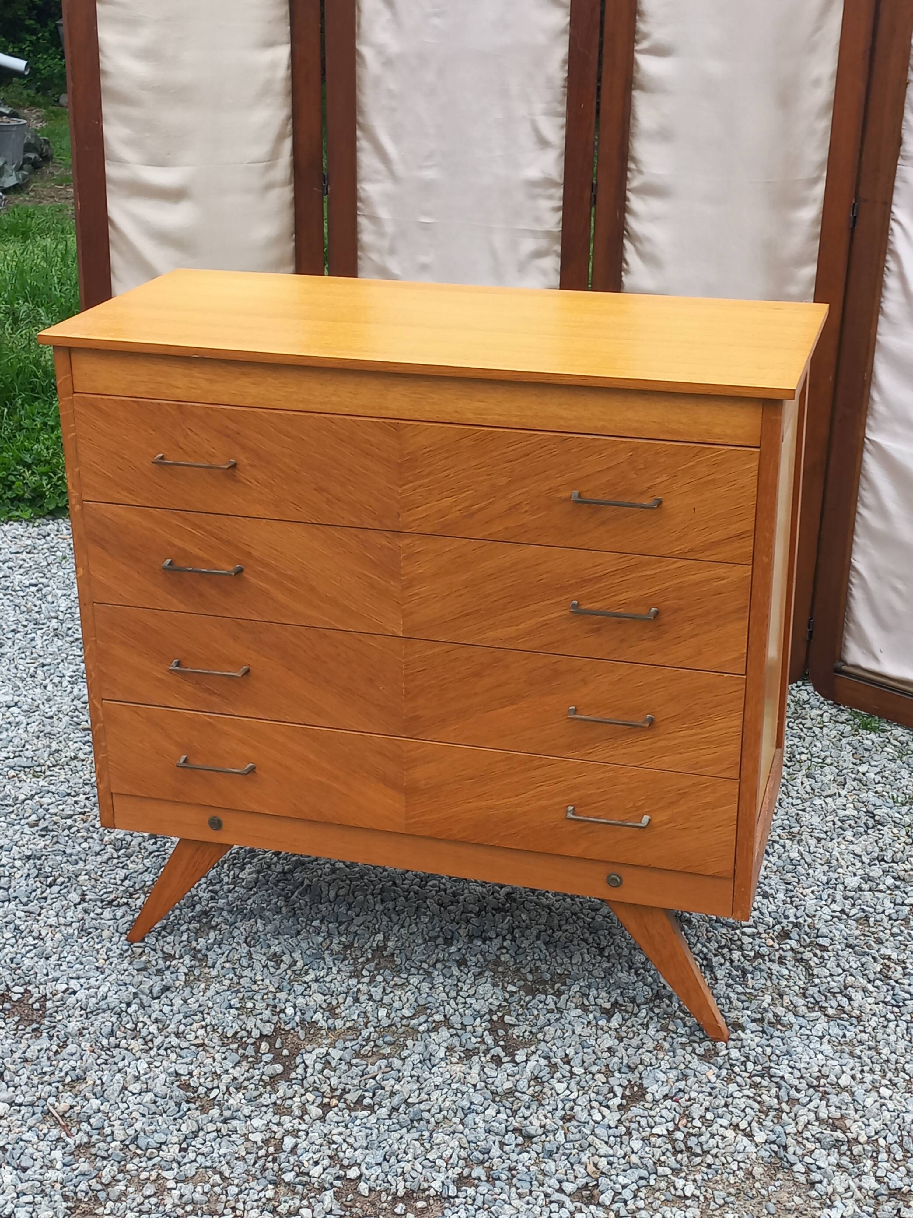 Vintage chest of drawers in blond and golden oak, compass legs and 4 drawers, 1950s