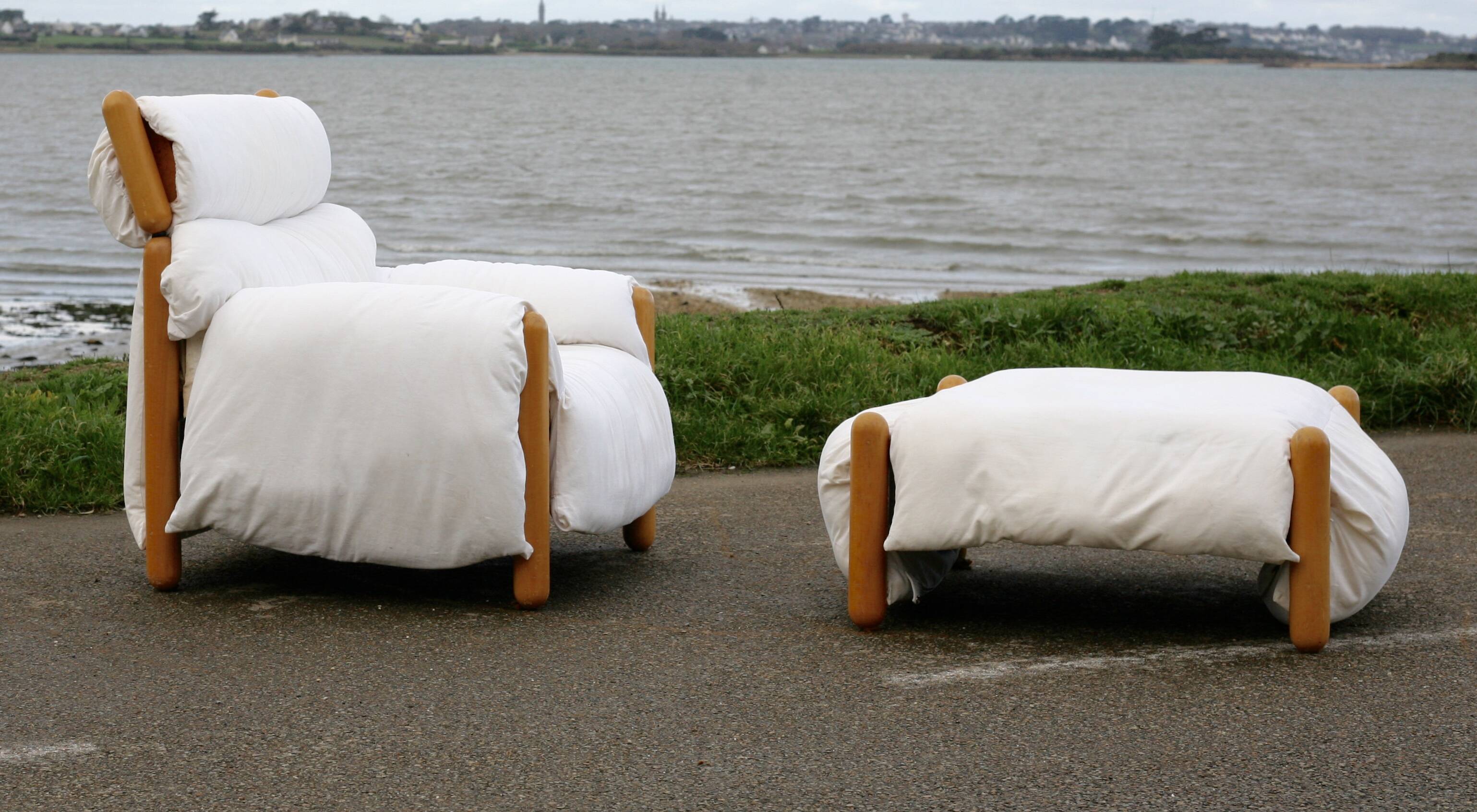 Enzo Mari, Gamba di Legno armchair and ottoman, Driade, Italy, 1976