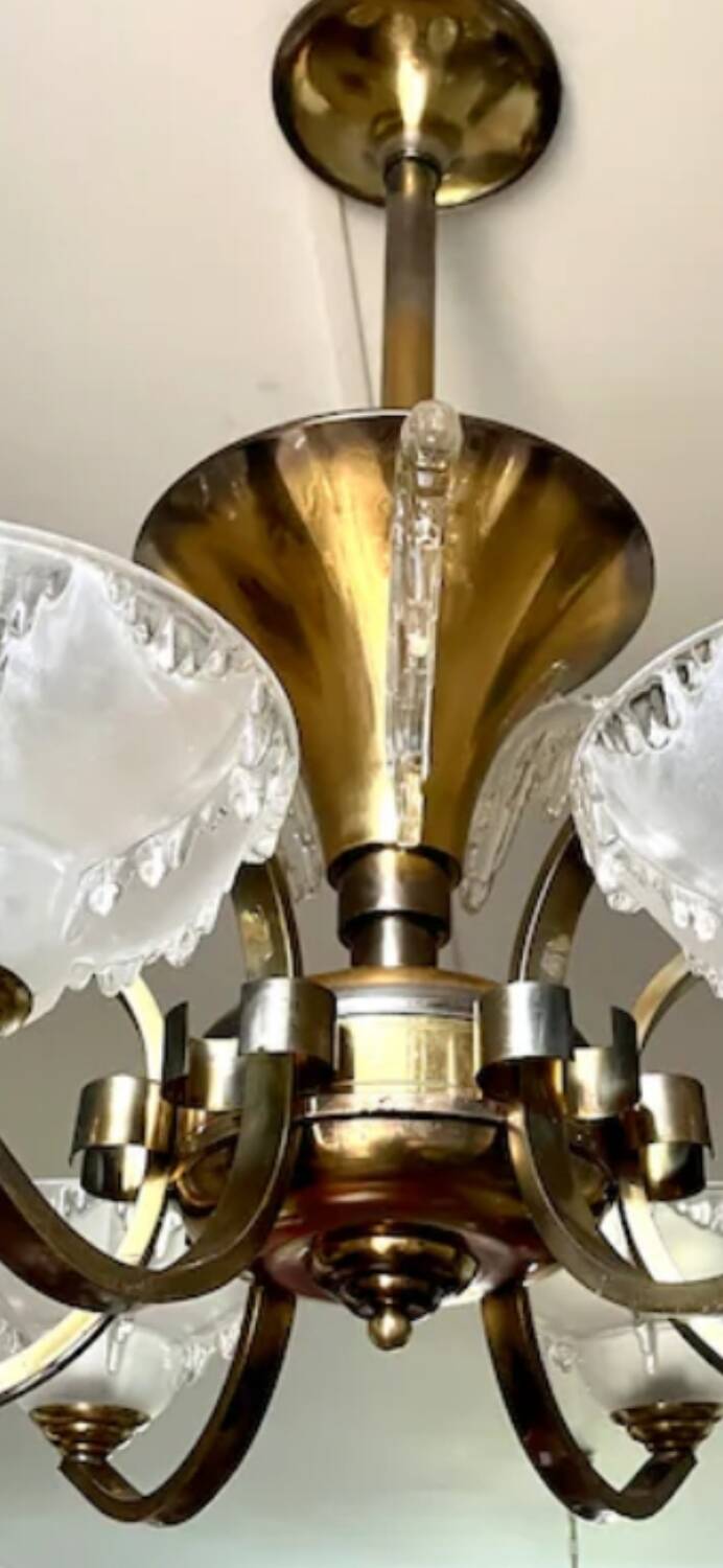 Antique Art Deco brass and glass chandelier