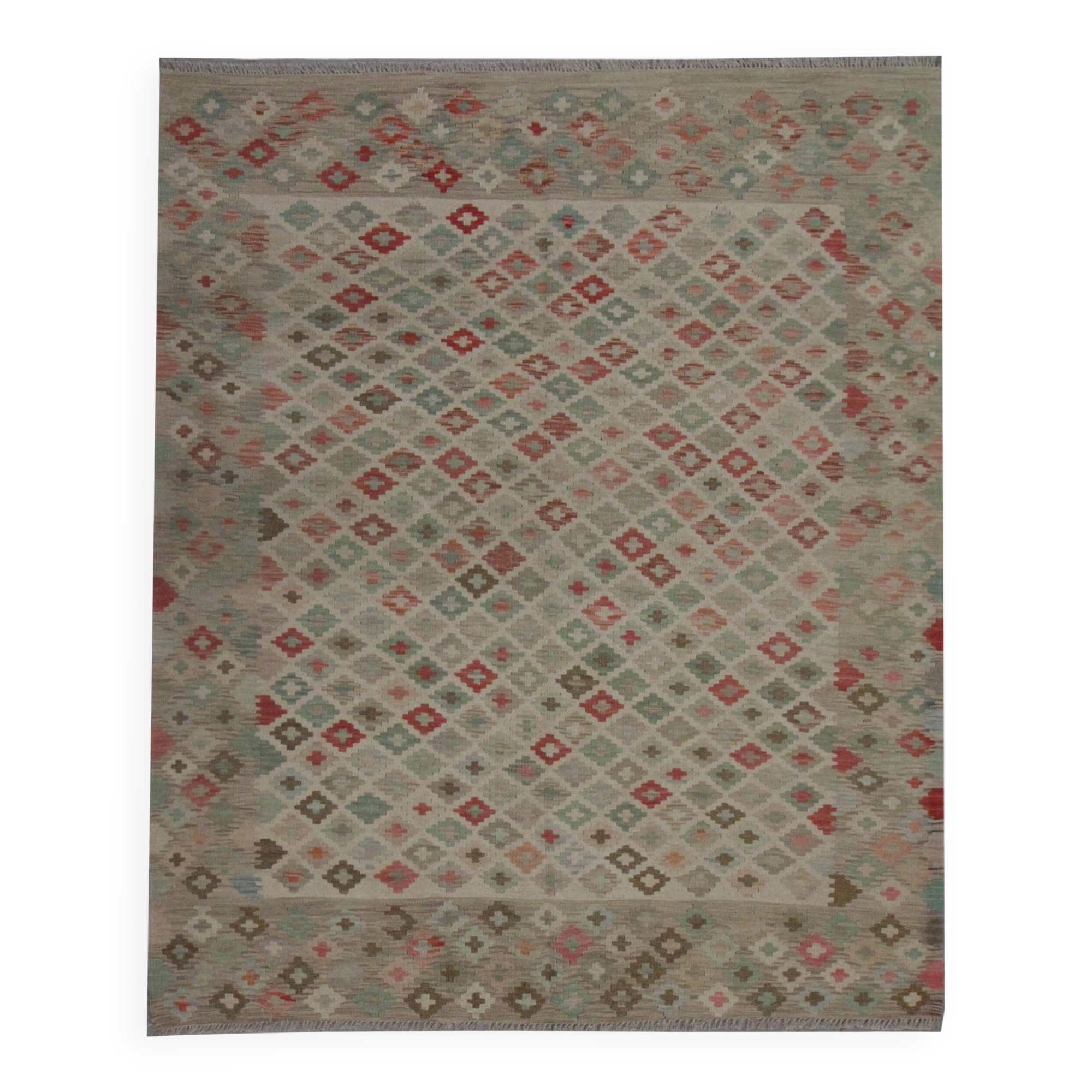 Geometric Kilim Rug Grey, Afghan Wool Carpet Handmade, Neutral Rustic Home