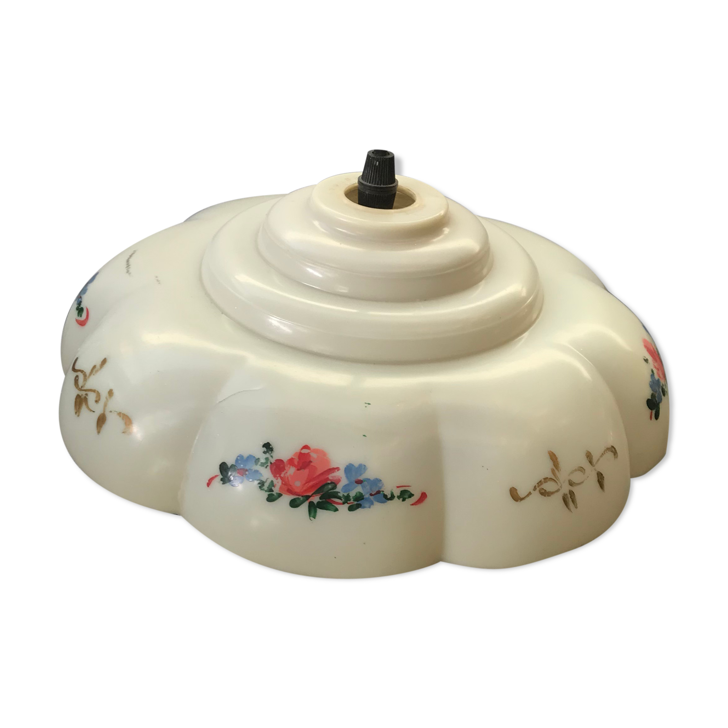 Suspension ancienne lumapel bakélite blanc avec décor fleurs années 70 vintage