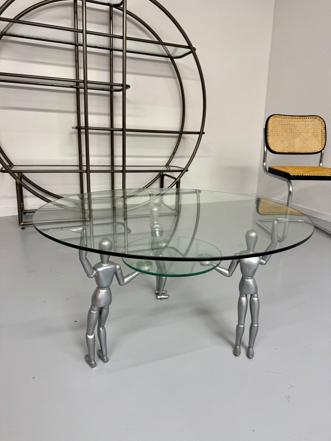 80s design glass and metal coffee table with vintage metal characters