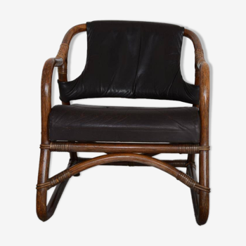 Fauteuil vintage Bambou et cuir brun,