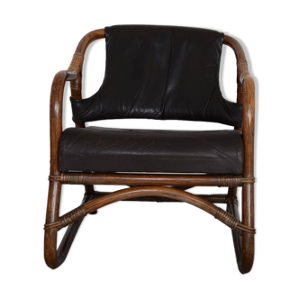 Fauteuil vintage Bambou et cuir brun,