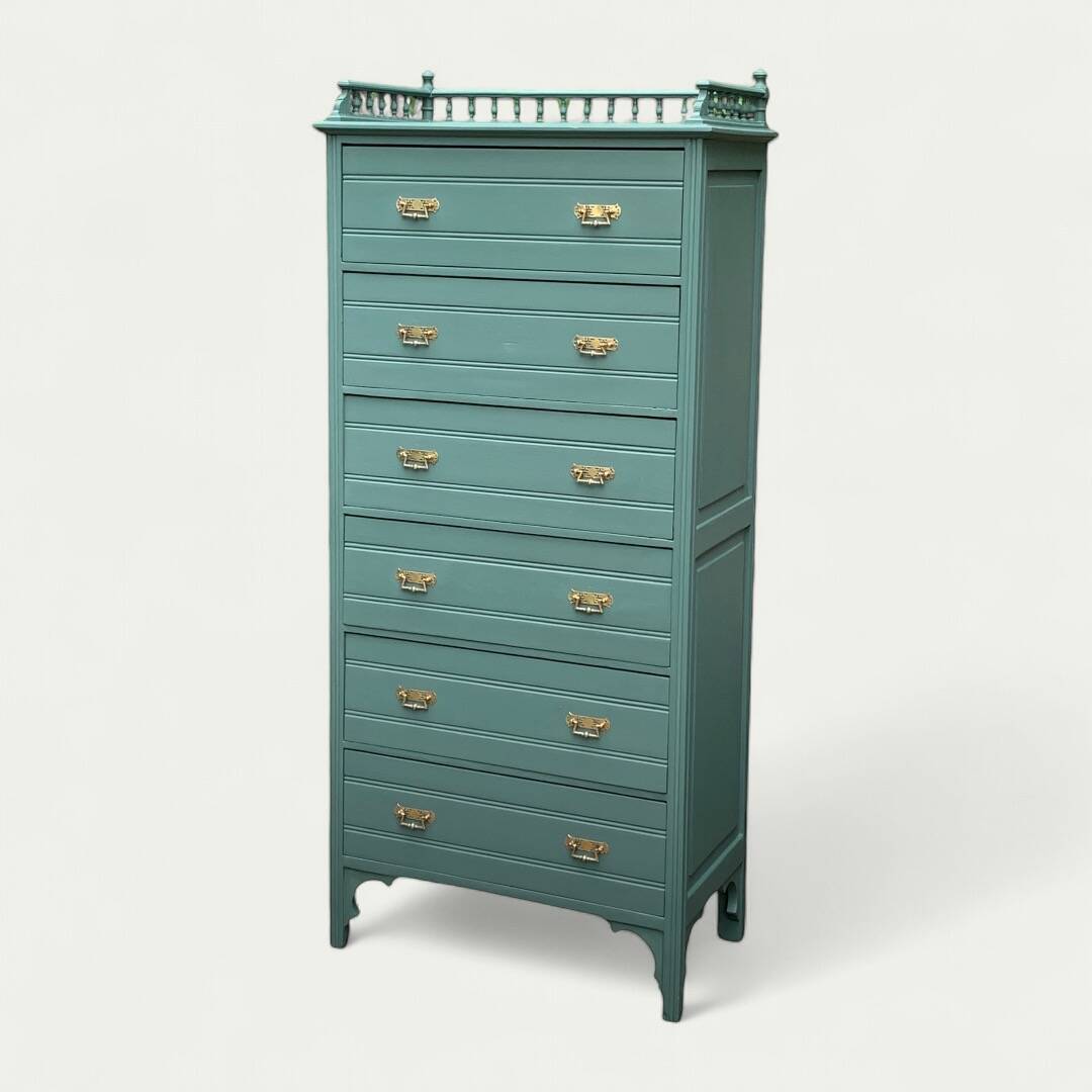 Old grey green high chest of drawers H160