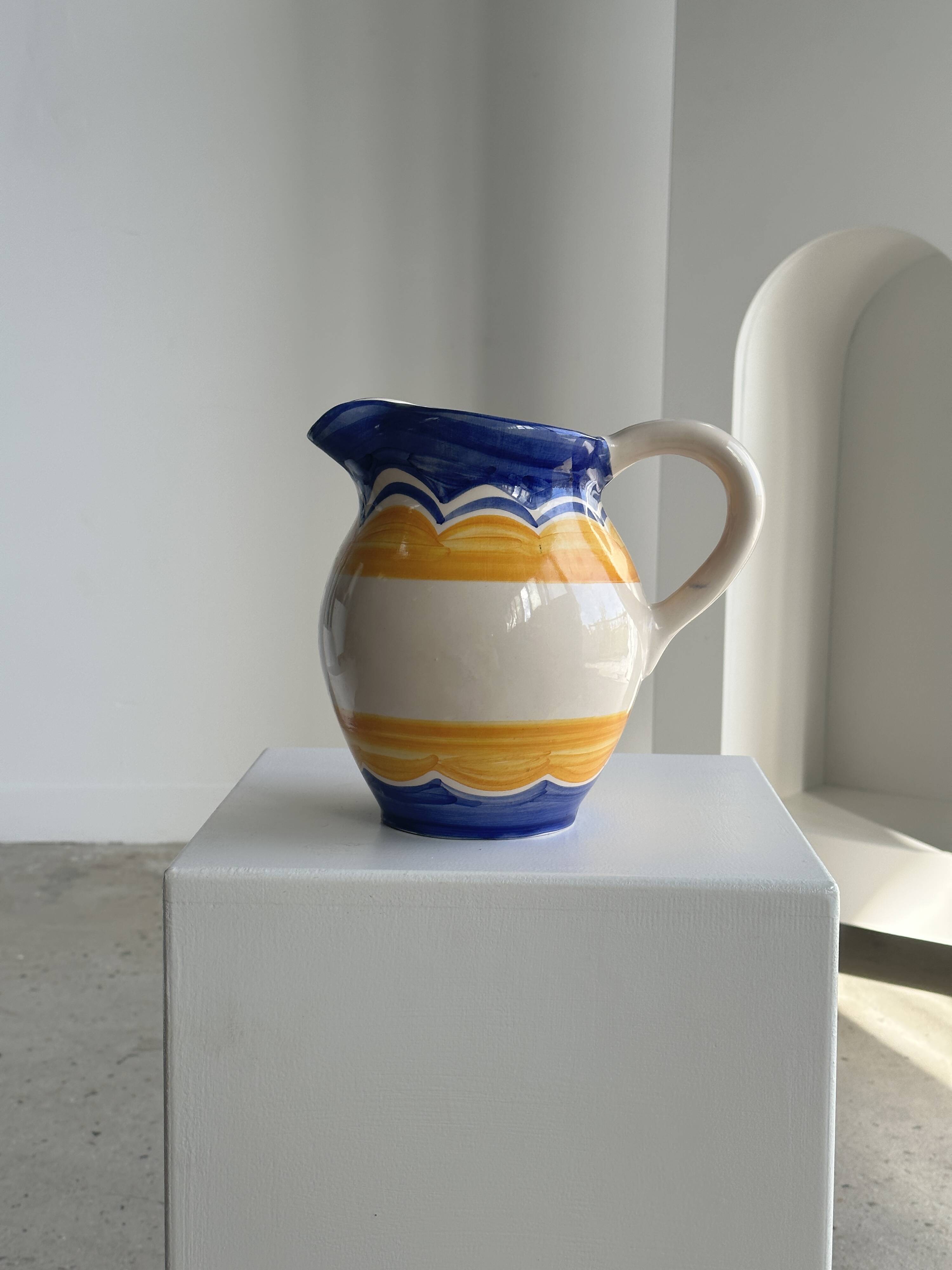 Large blue and yellow hand painted carafe H:20cm