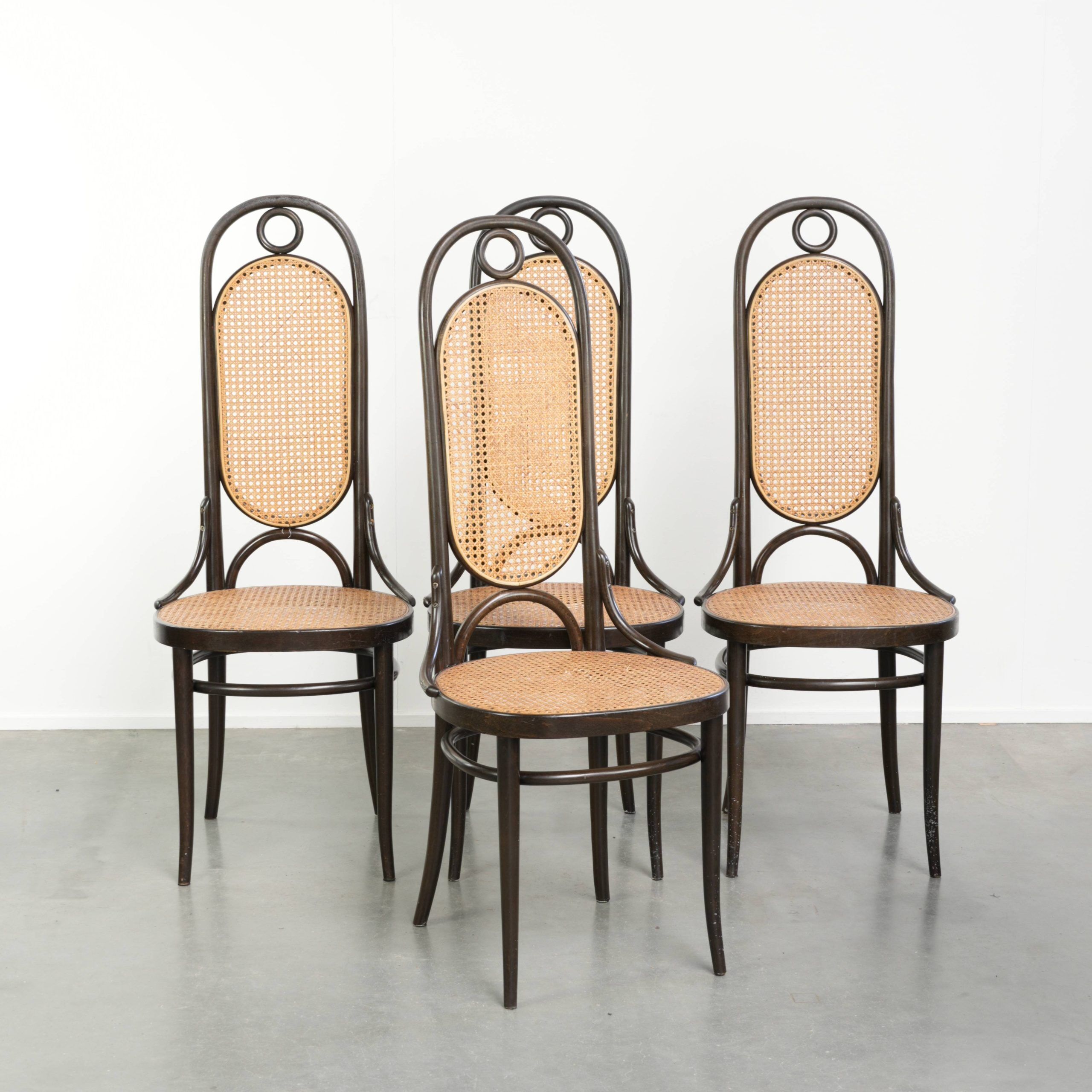 Set of 4 original vintage Thonet design webbing chairs model Long John