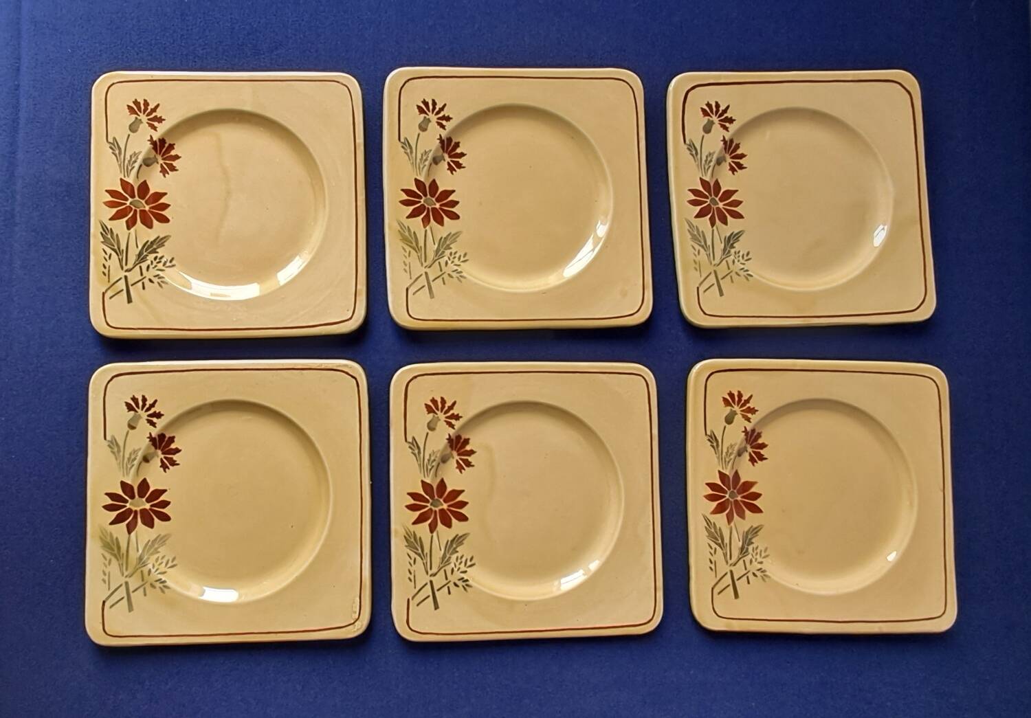 6 square dessert plates, ironstone. 1940s-50s.