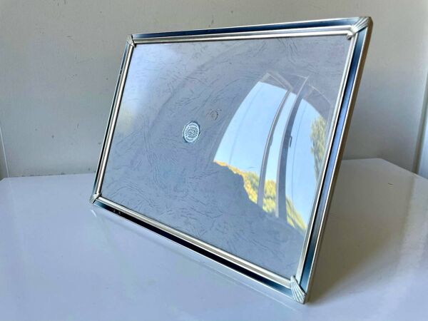 Cadre art déco vintage en métal argenté 24,5 cm x 19 cm verre convexe