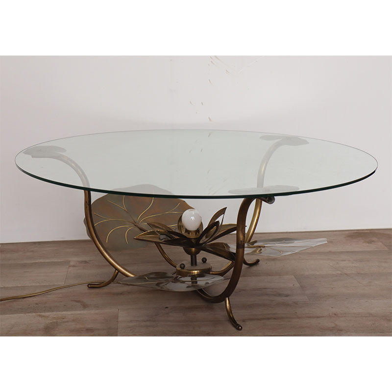 Illuminated vintage coffee table decorated with brass water lilies 1970