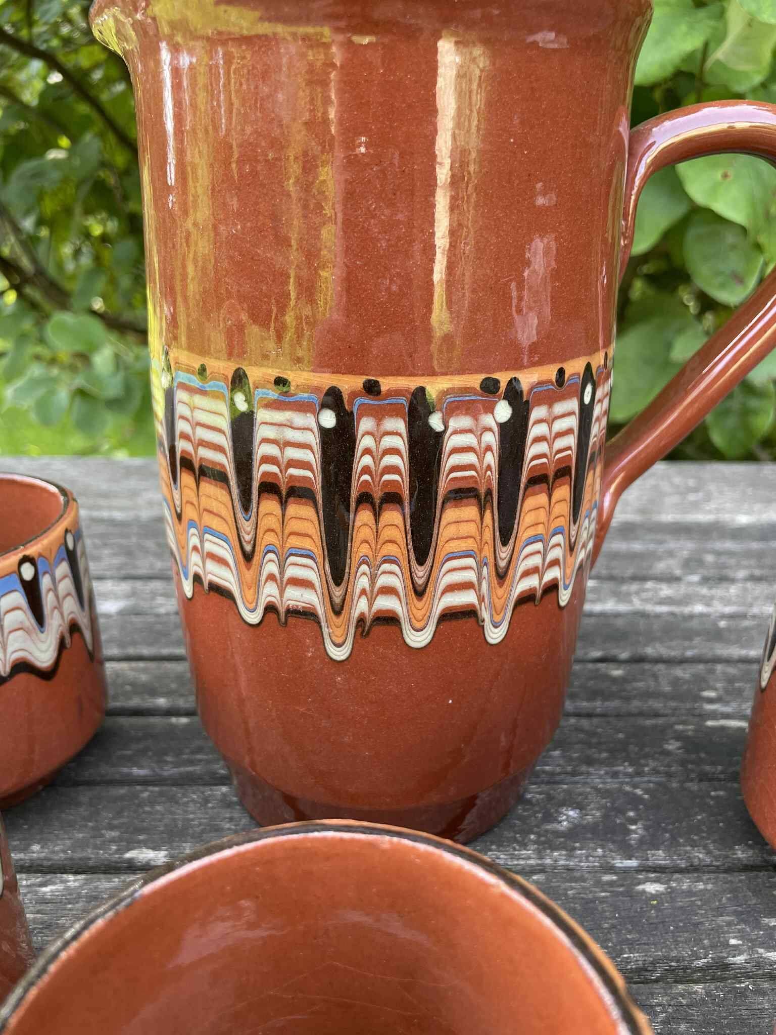 Ensemble pichet et 5 verres en céramique Troyan en grès Bulgare-Balkans