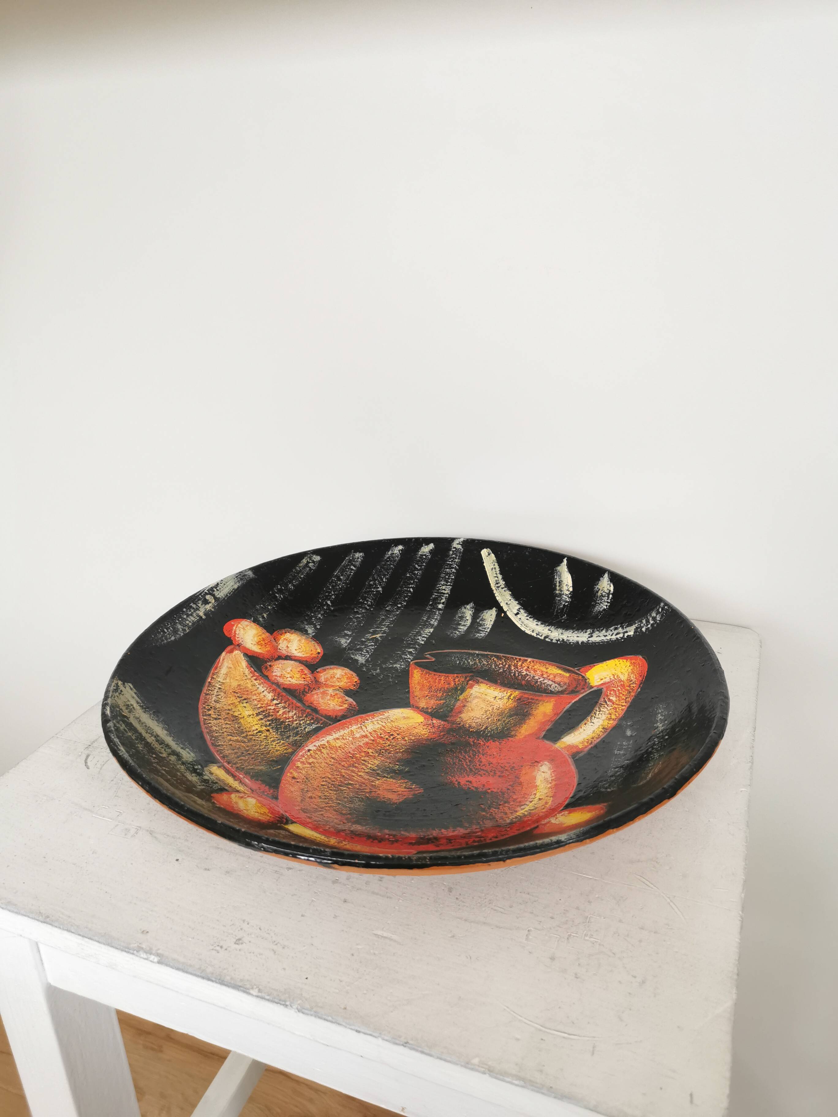 Vintage Hand-Painted Clay Wall Plate: 1970s Yugoslavia Still Life Decor