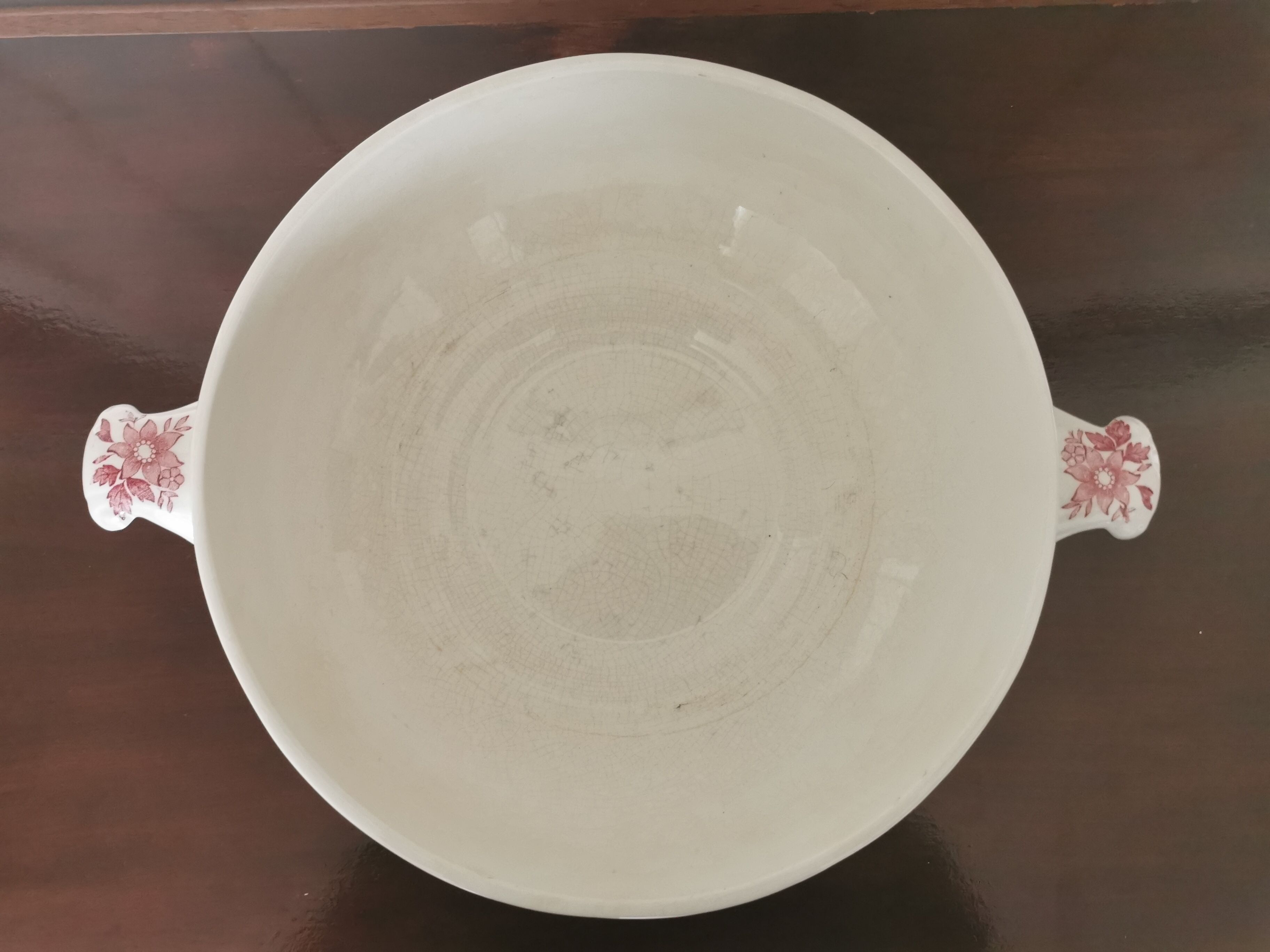 English soup bowl with purple floral motifs