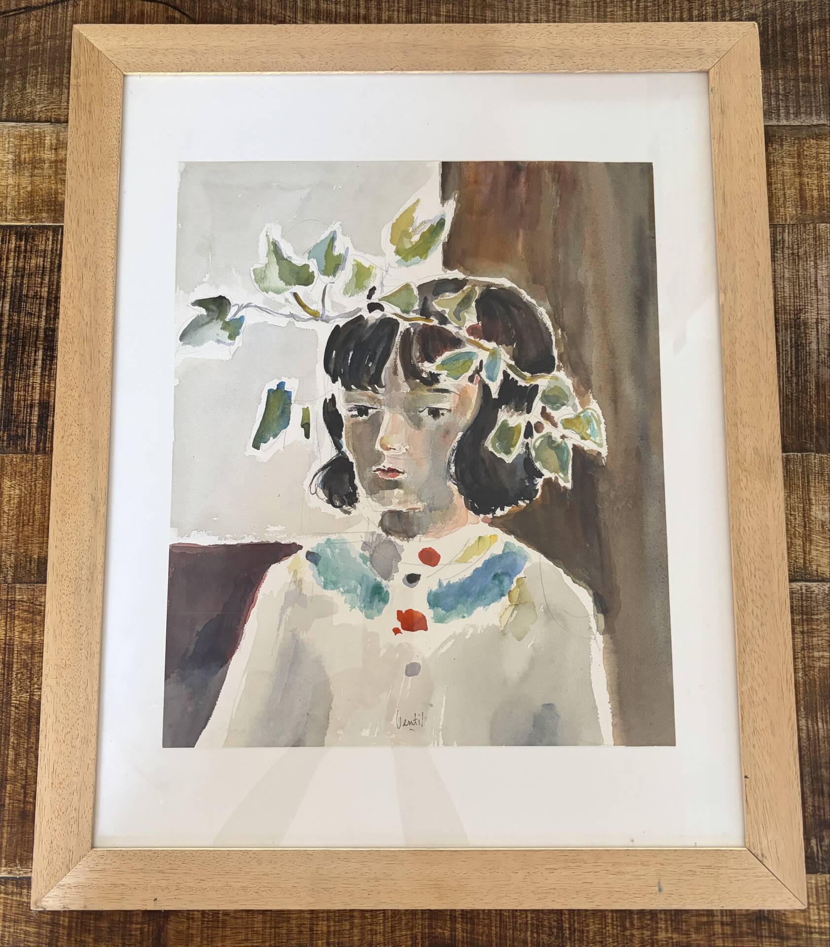 Femme aux feuilles, aquarelle sur papier, signée Ventil
