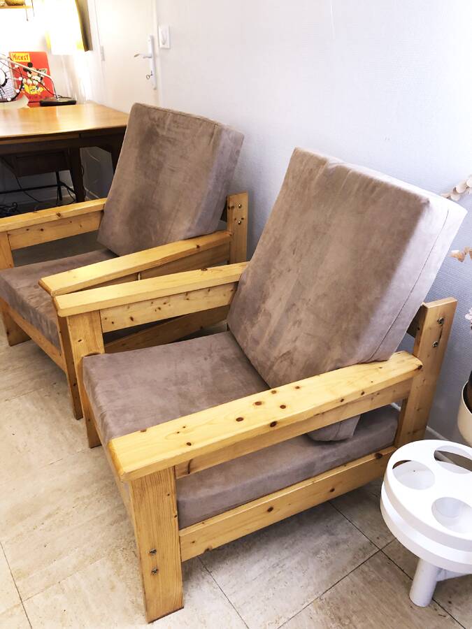 Pair of Scandinavian pine armchairs, 1970