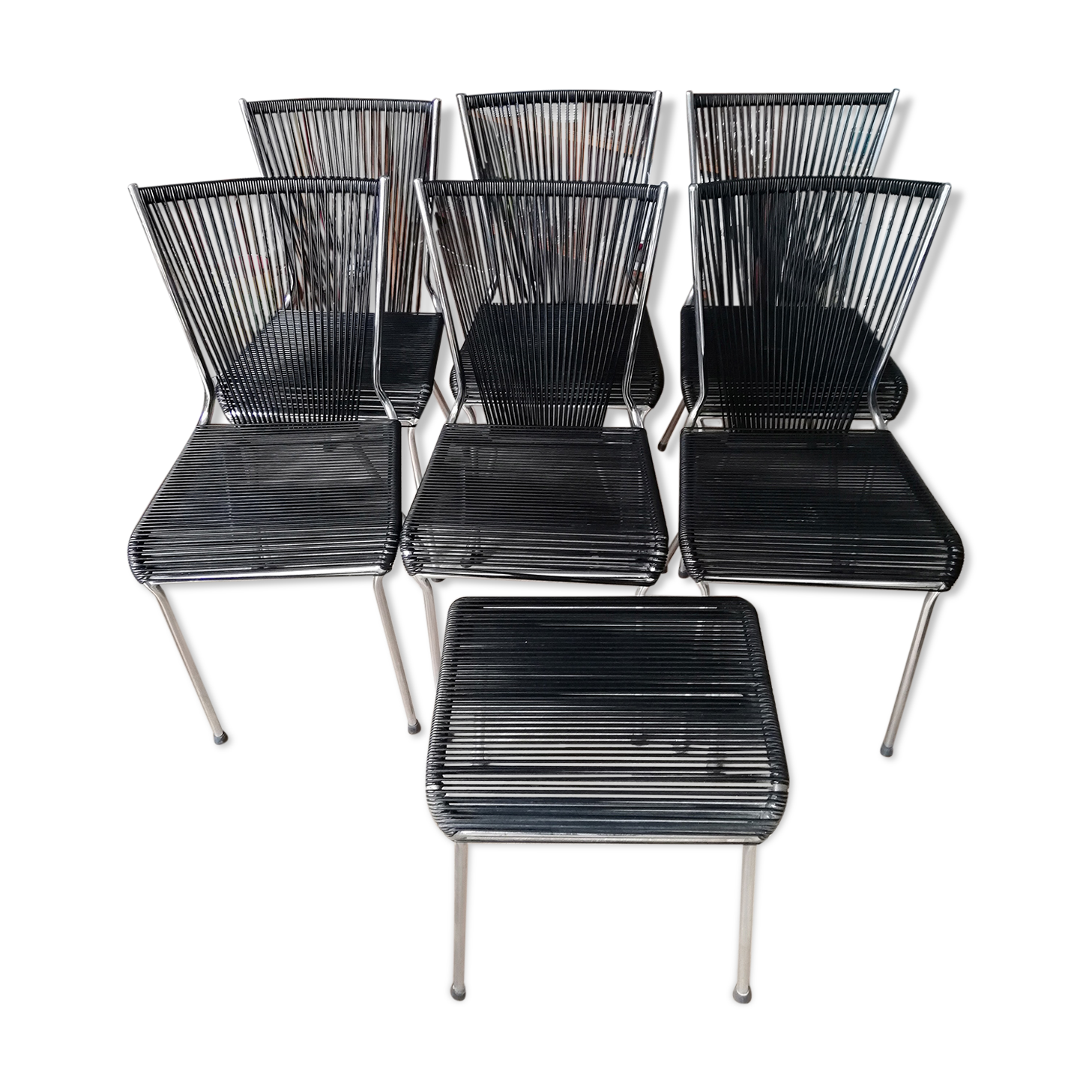 Suite of 6 Chairs and 1 Scoubidou stool André MONPOIX 1960