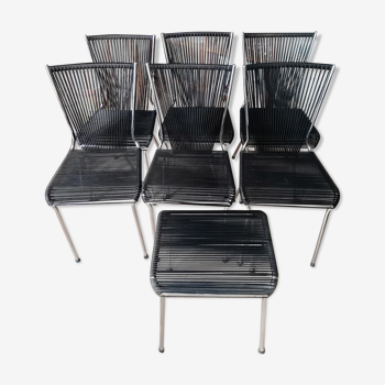 Suite de 6 Chaises et 1 tabouret scoubidou André MONPOIX 1960