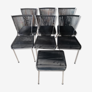 Suite of 6 Chairs and 1 Scoubidou stool André MONPOIX 1960