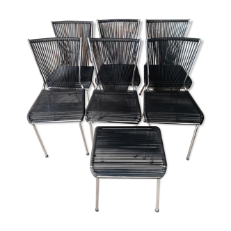 Suite of 6 Chairs and 1 Scoubidou stool André MONPOIX 1960